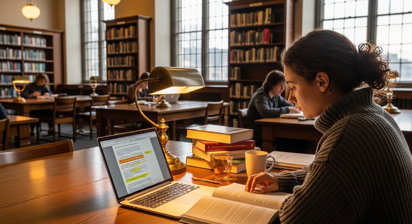 Student reviewing flagged document in university library