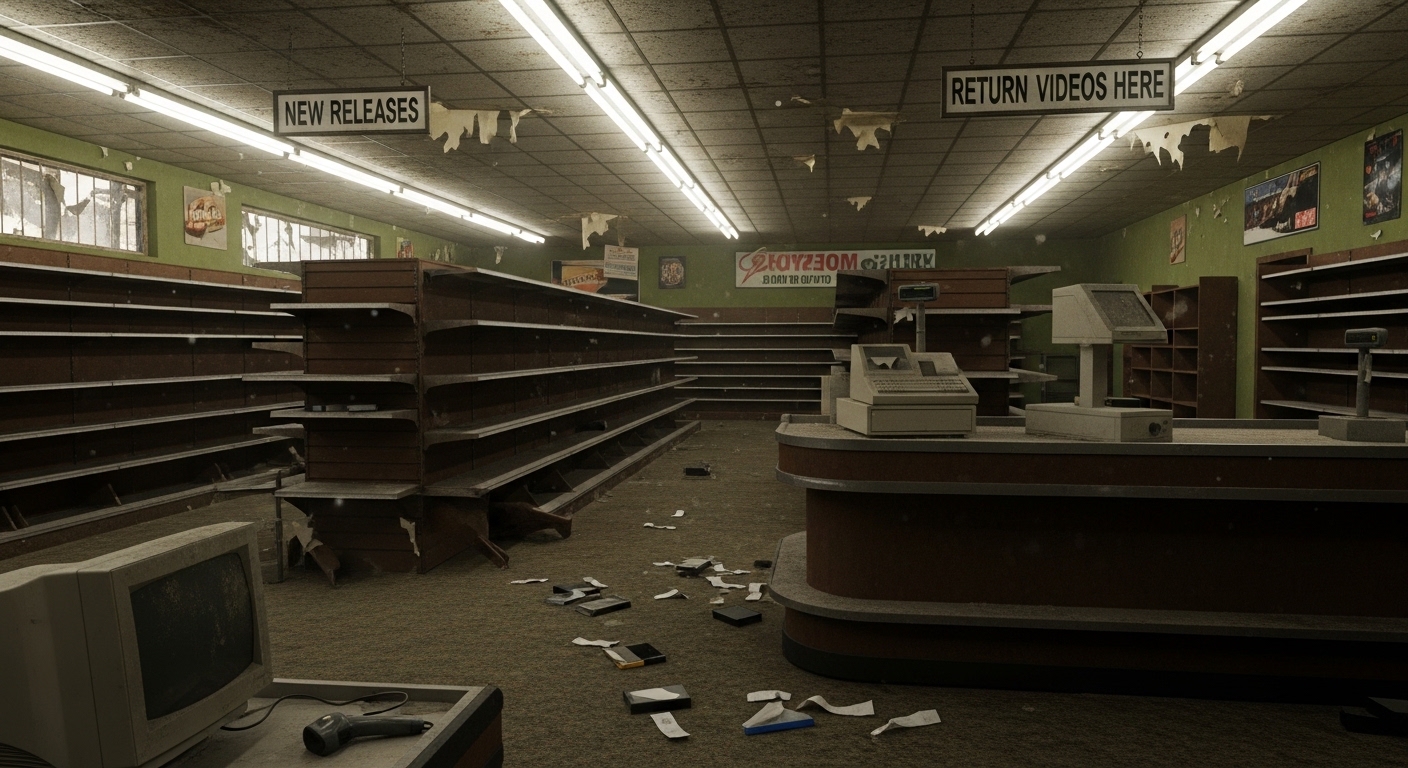 Abandoned video rental store interior with empty shelves