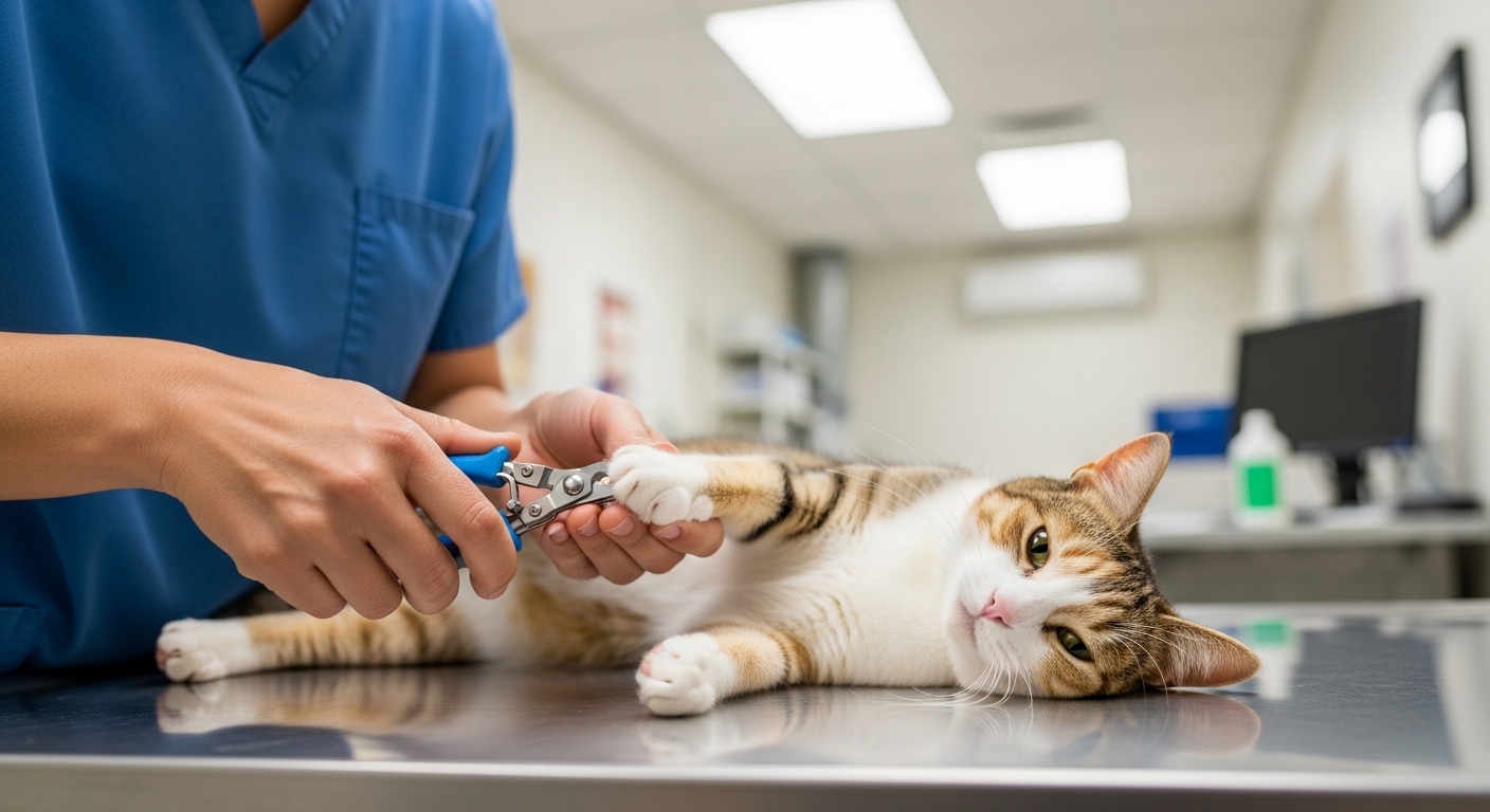 veterinarian trimming calm cat's nails on examination table