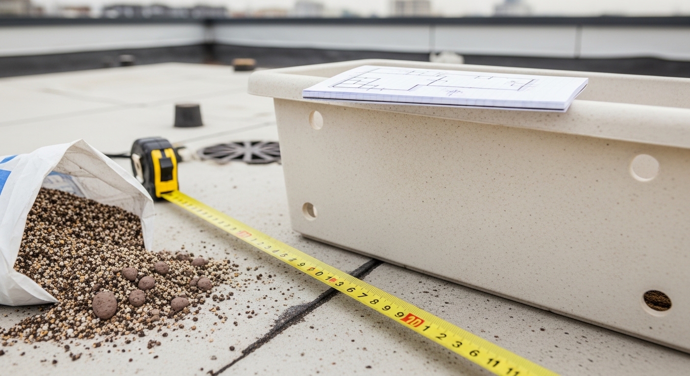 Tape measure and planter on concrete rooftop during garden planning