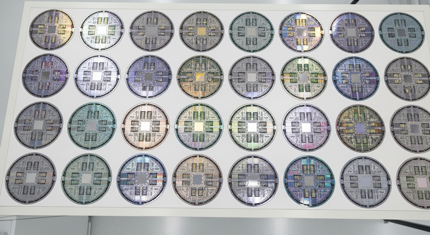 Overhead view of completed silicon wafers with circuit patterns