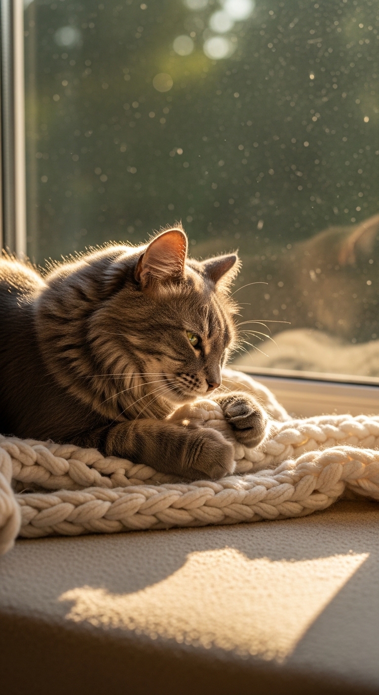 fluffy gray cat kneading knitted blanket on sunlit window seat