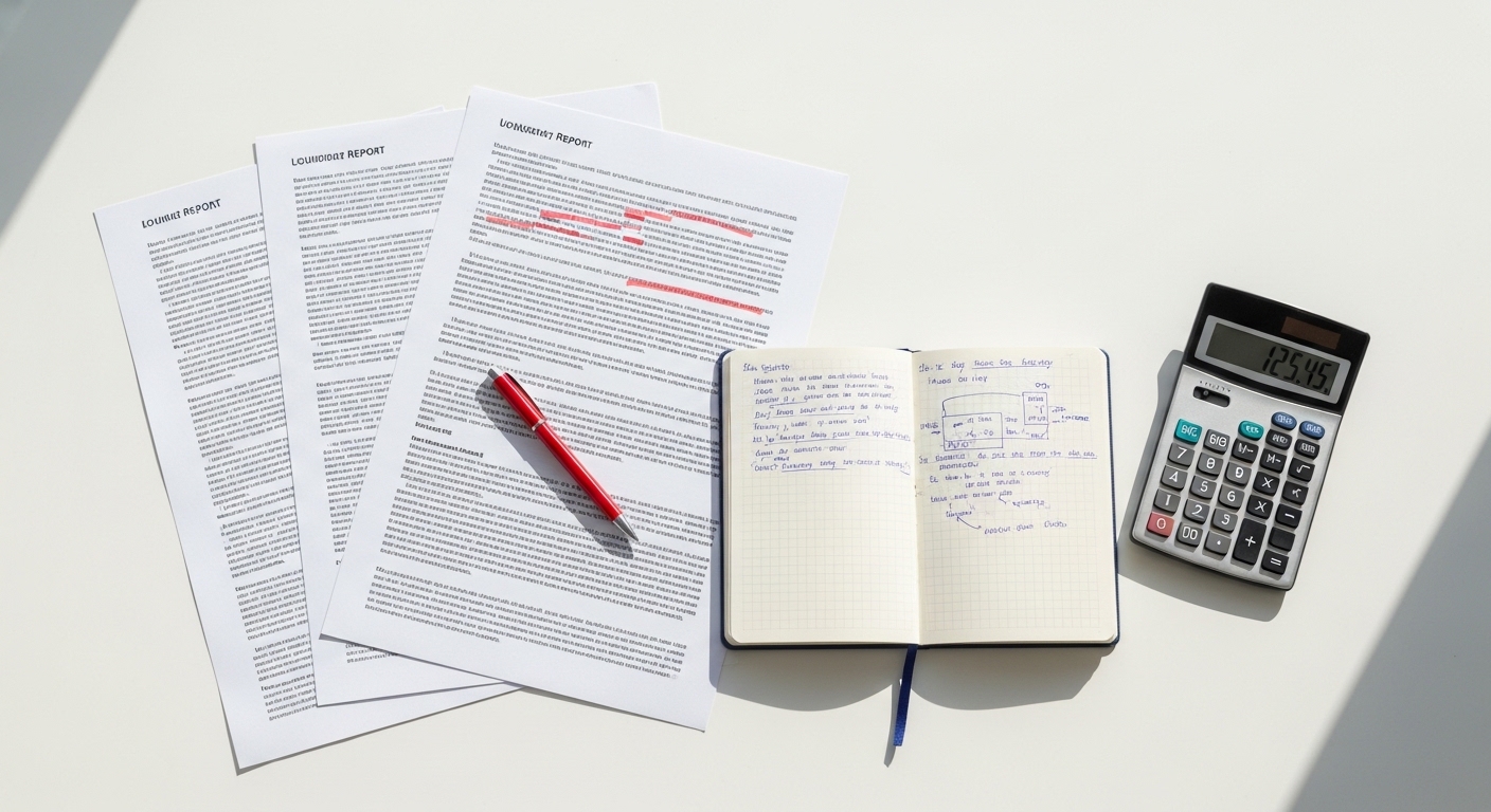 Documents being reviewed with annotations and notes