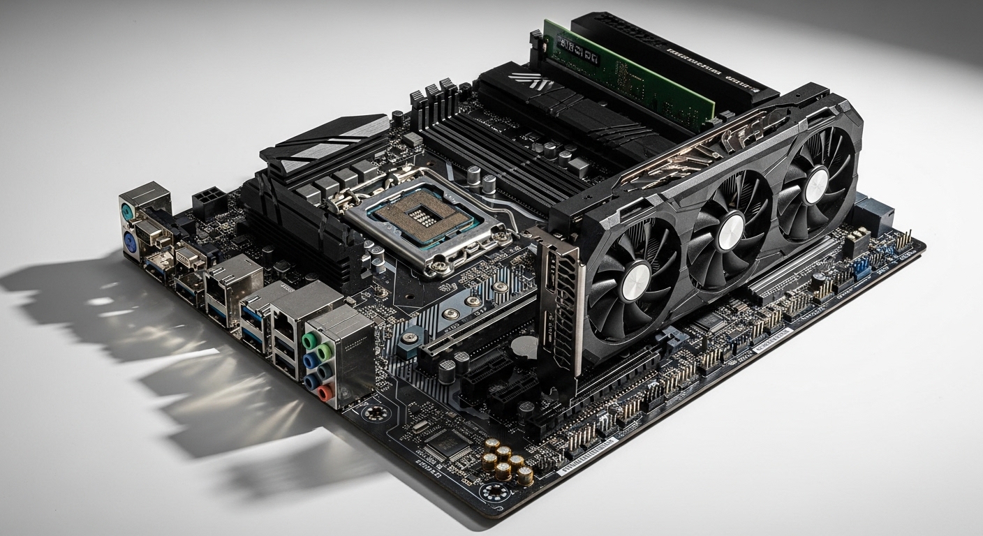 CPU and GPU installed on a computer motherboard