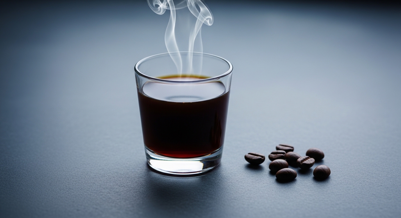 Small glass of black specialty coffee with whole beans on stone