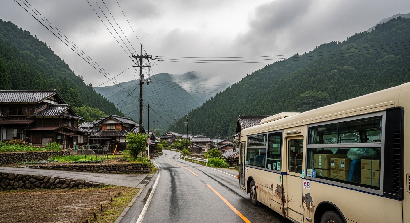 山間部の集落を走る荷物を積んだ路線バス