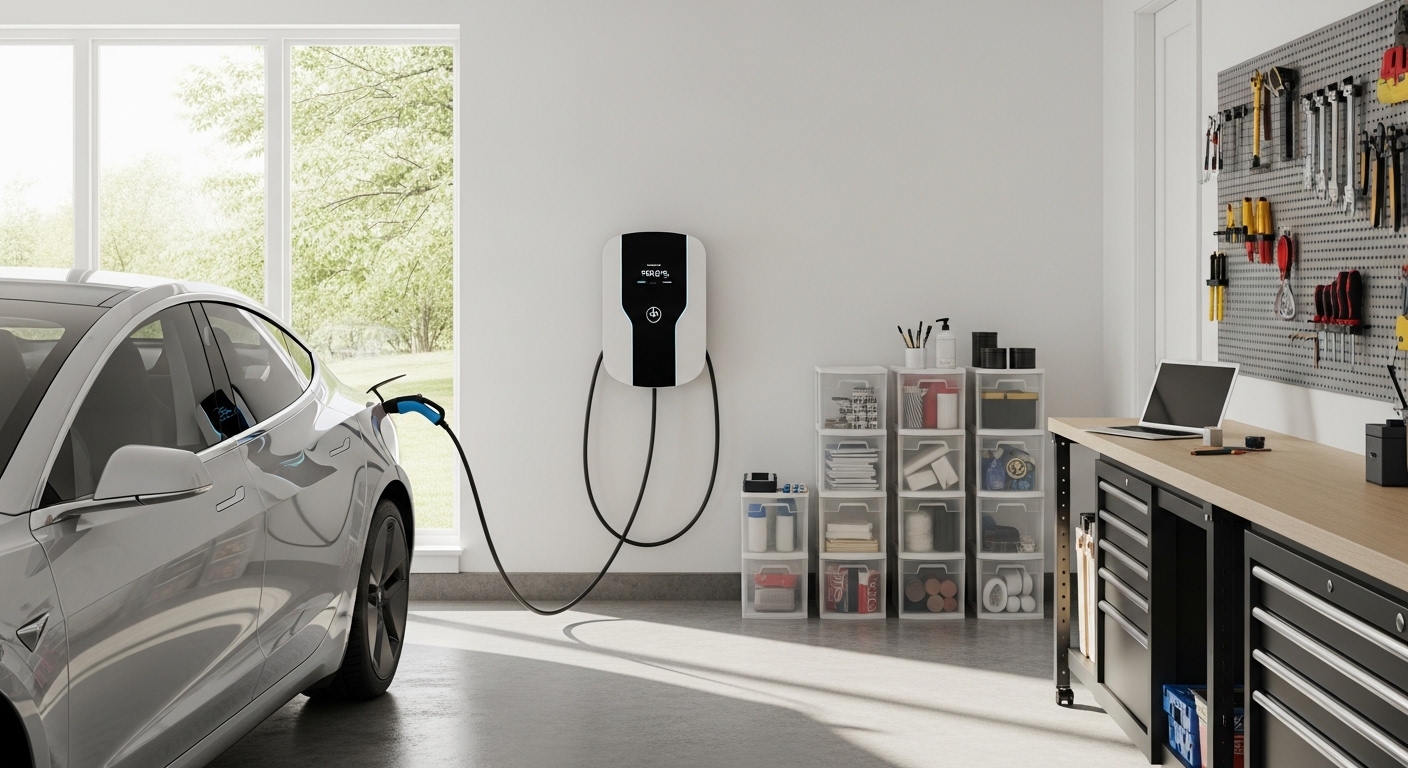 Home garage with bidirectional EV charging station