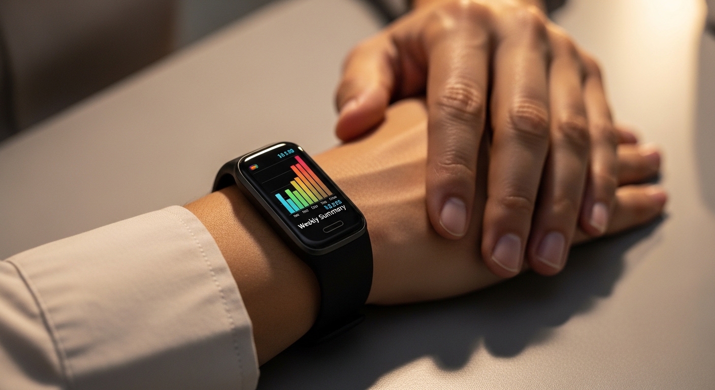 Fitness tracker showing weekly exercise summary on wrist