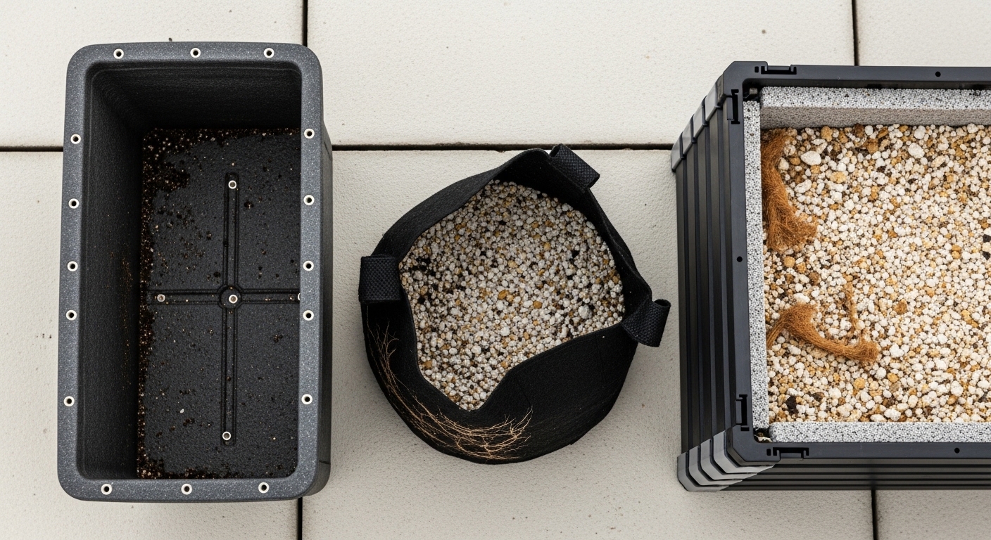 Three rooftop container types on concrete: fiberglass, fabric, and modular raised bed