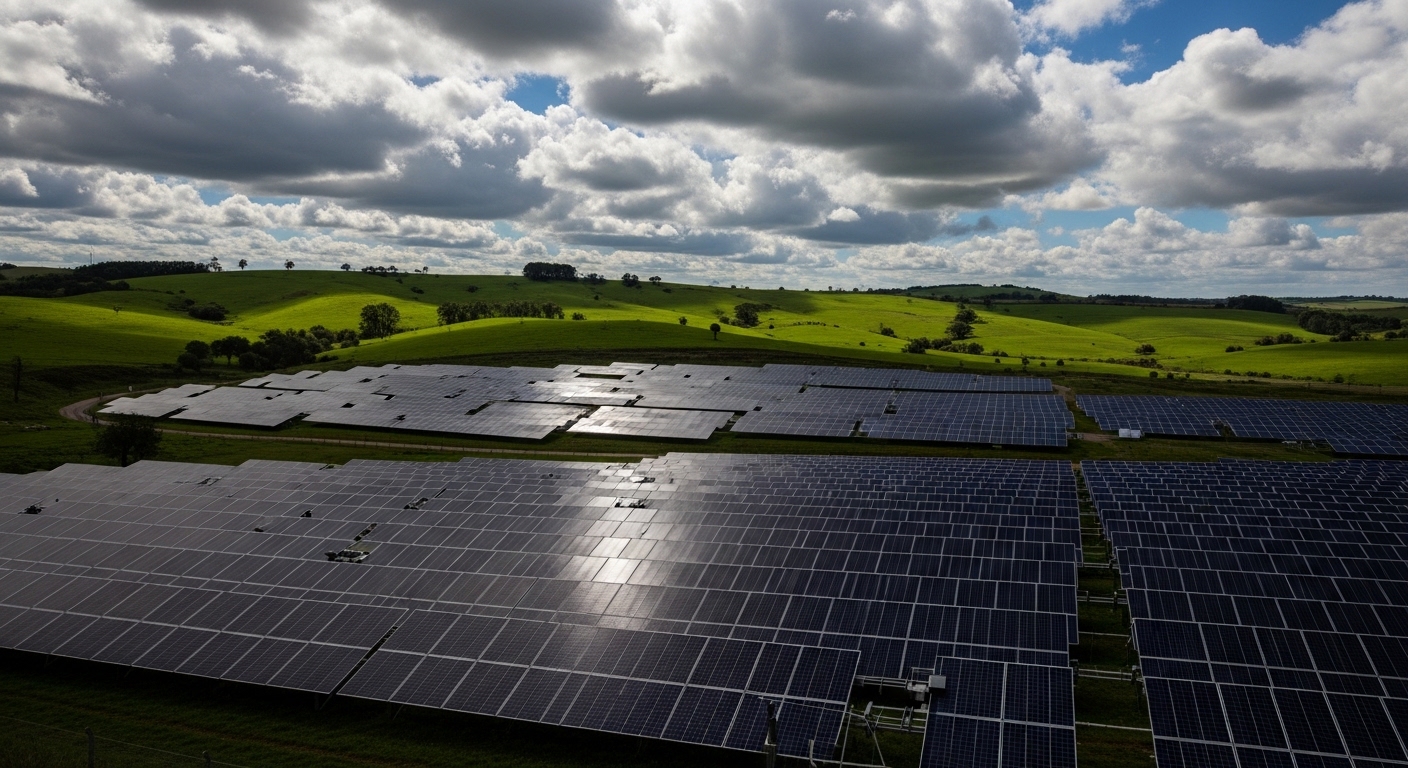 Parque solar en paisaje verde con cielo parcialmente nublado