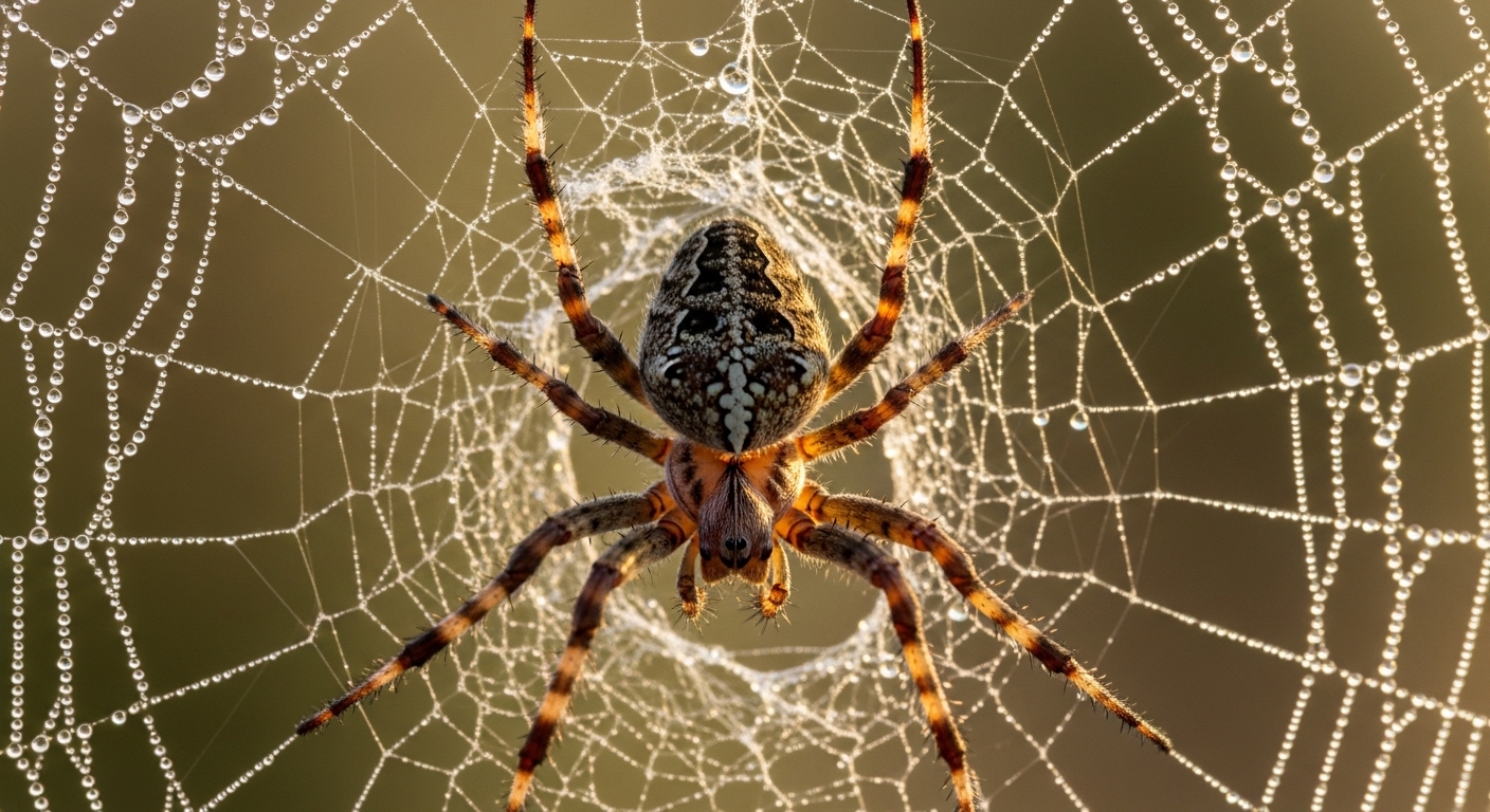 Garden spider on dewy web overhead view