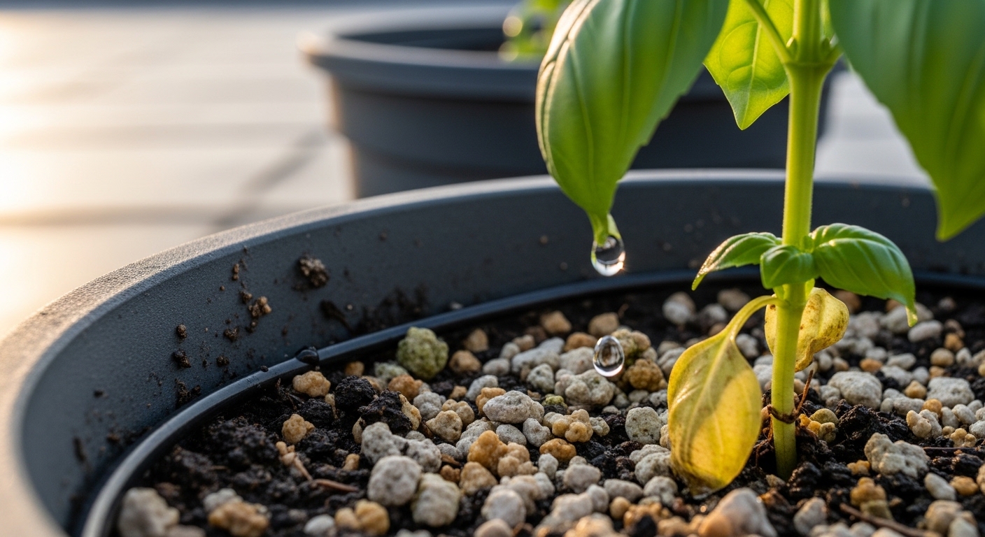 Drip irrigation emitter watering basil in rooftop container