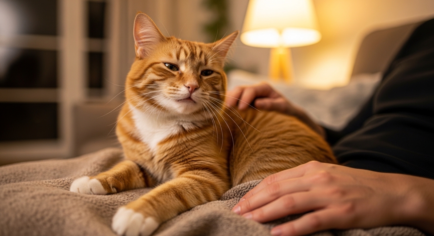 orange tabby cat kneading on person's lap in cozy living room