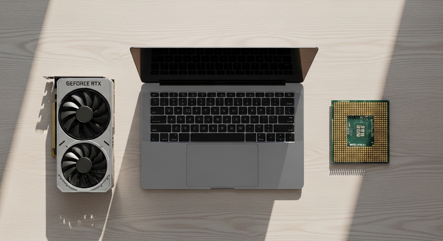 Laptop, GPU card, and CPU chip flat lay on desk
