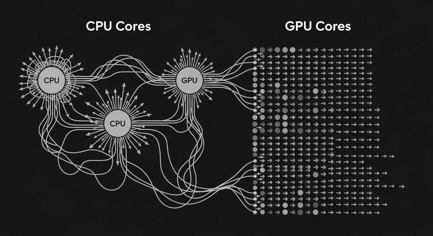 Diagram comparing CPU cores versus GPU cores architecture