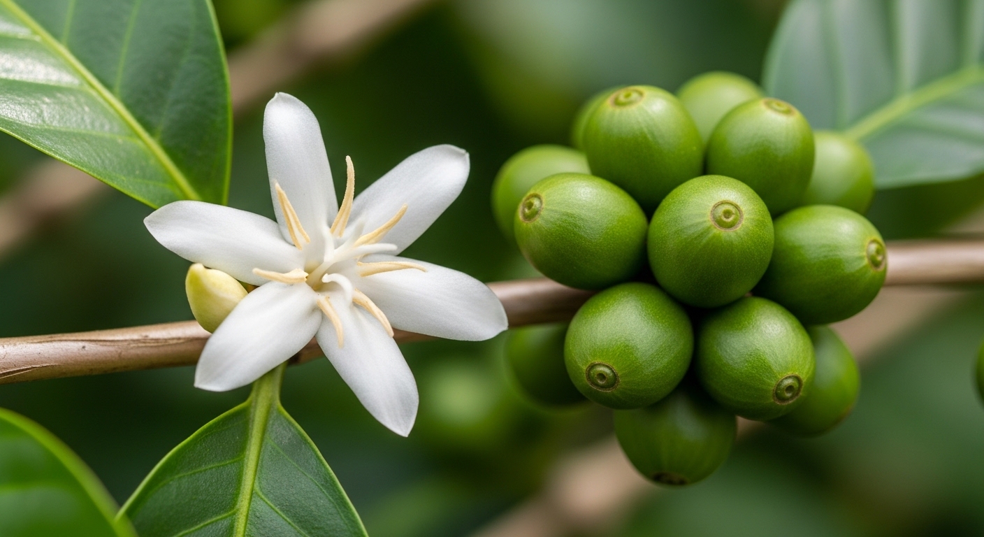 Overhead close-up of coffee blossoms and unripe cherries on branch