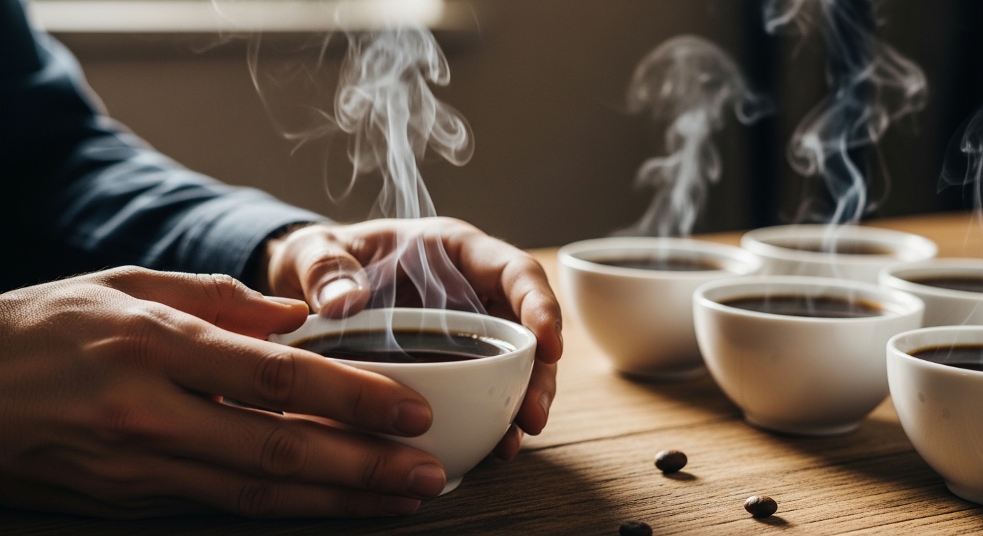 Coffee cupper evaluating multiple samples at professional cupping table