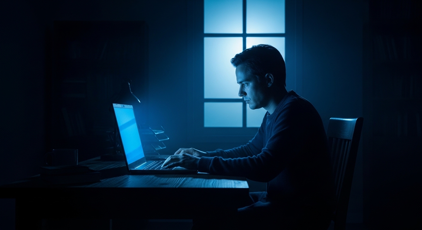 Person working late night under blue screen glow