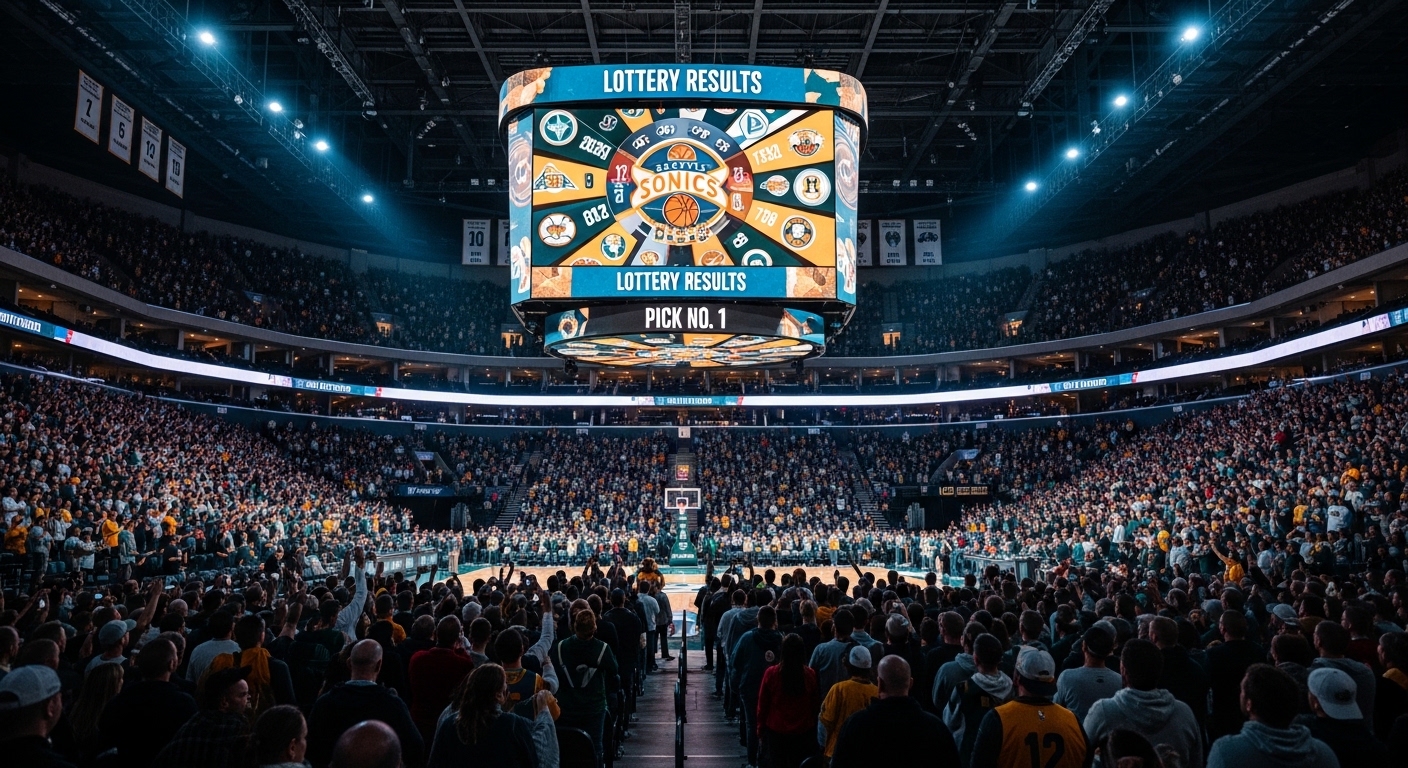 NBA arena crowd watching draft lottery results on screen