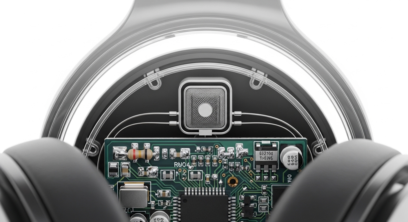 Komponen internal headphone ANC dengan mikrofon kecil