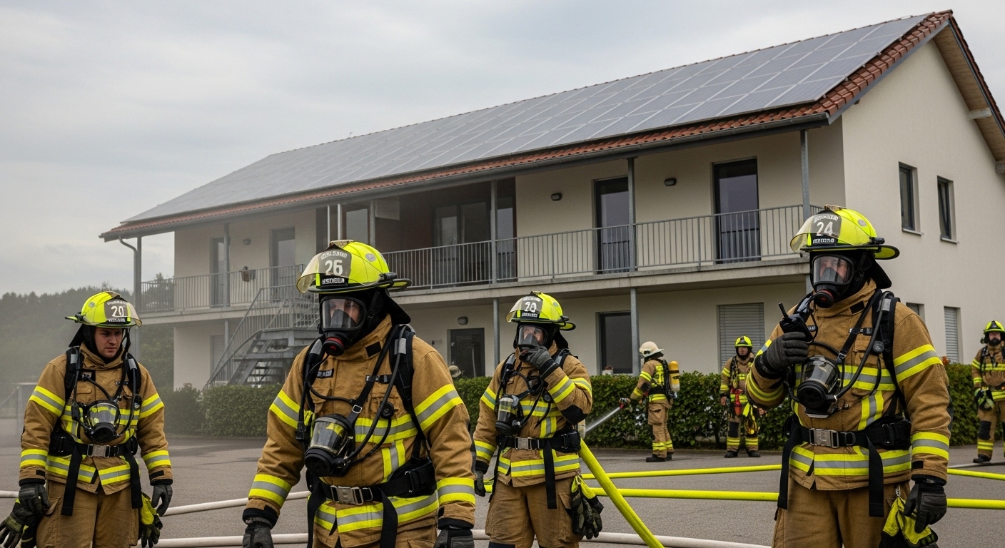 Pompiers en intervention près d'un bâtiment avec panneaux solaires