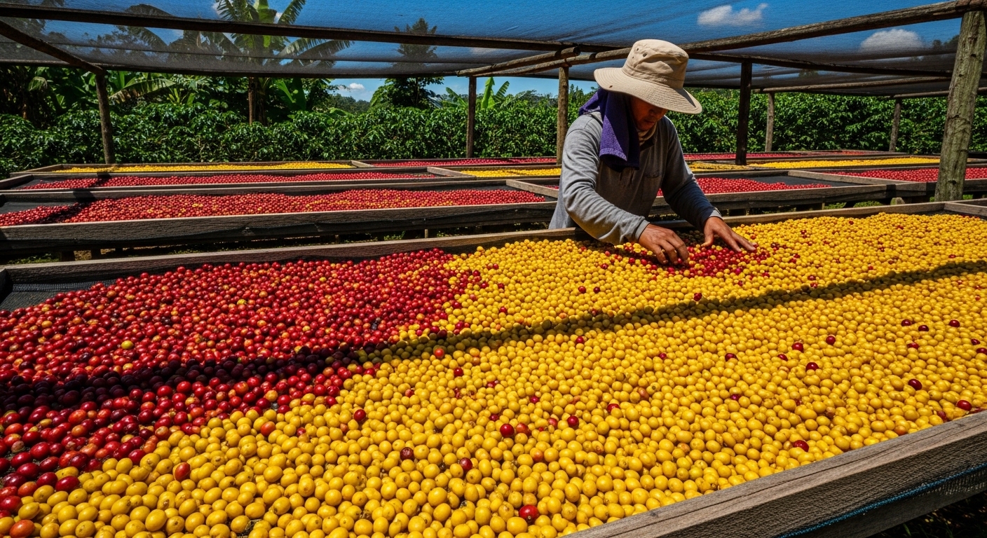 Worker turning coffee cherries on raised drying beds