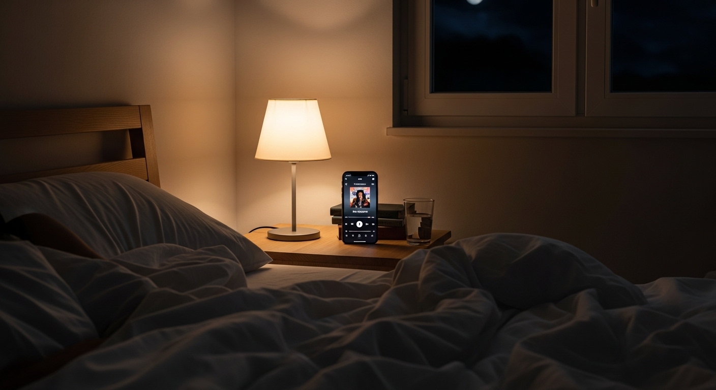 Smartphone com app de música em quarto à noite