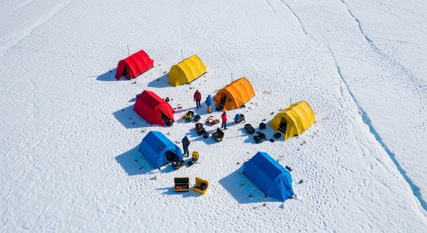 Aerial view of research camp on glacier surface