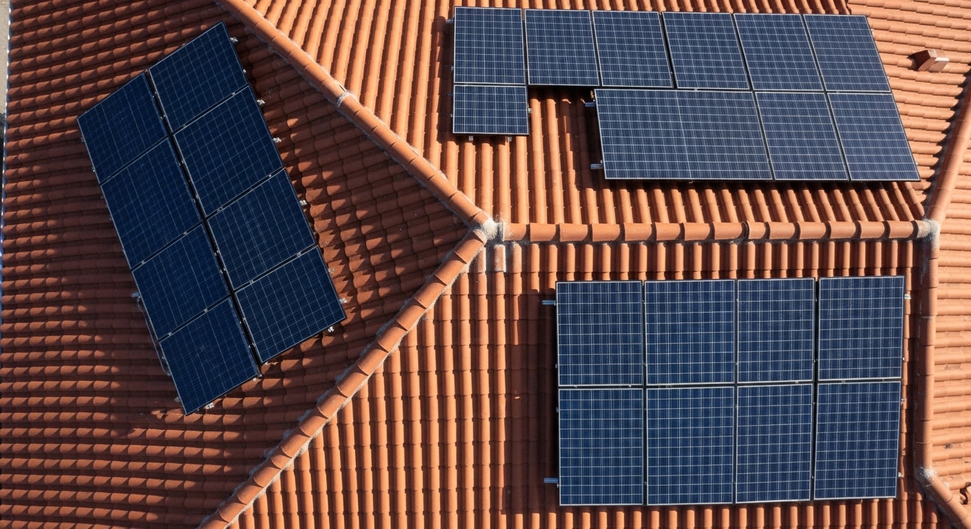 Vista aérea de paneles solares en tejado con sombras de nubes