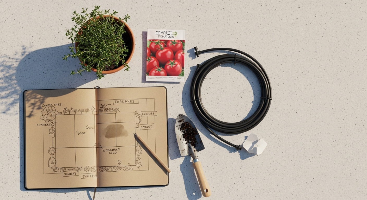 Rooftop garden planning checklist with notebook, thyme, and irrigation tubing