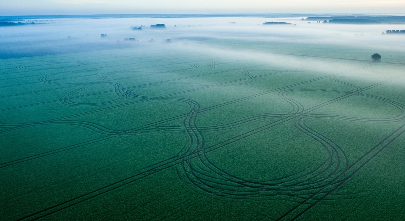 Vista aérea de cultivos verdes con niebla matutina