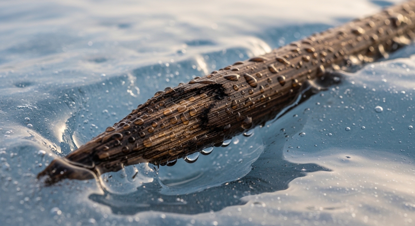 Ancient wooden arrow shaft emerging from melting ice