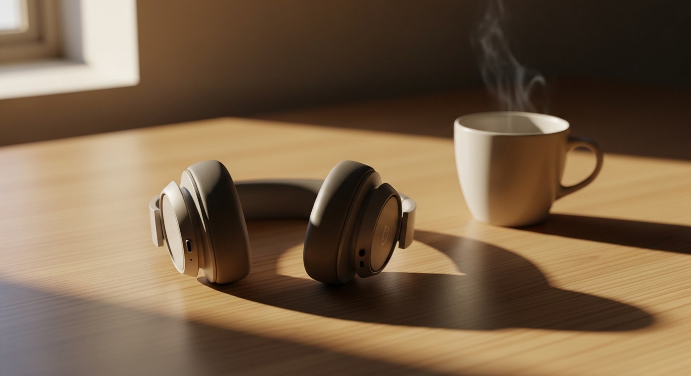 Fones de ouvido sobre mesa de madeira com café