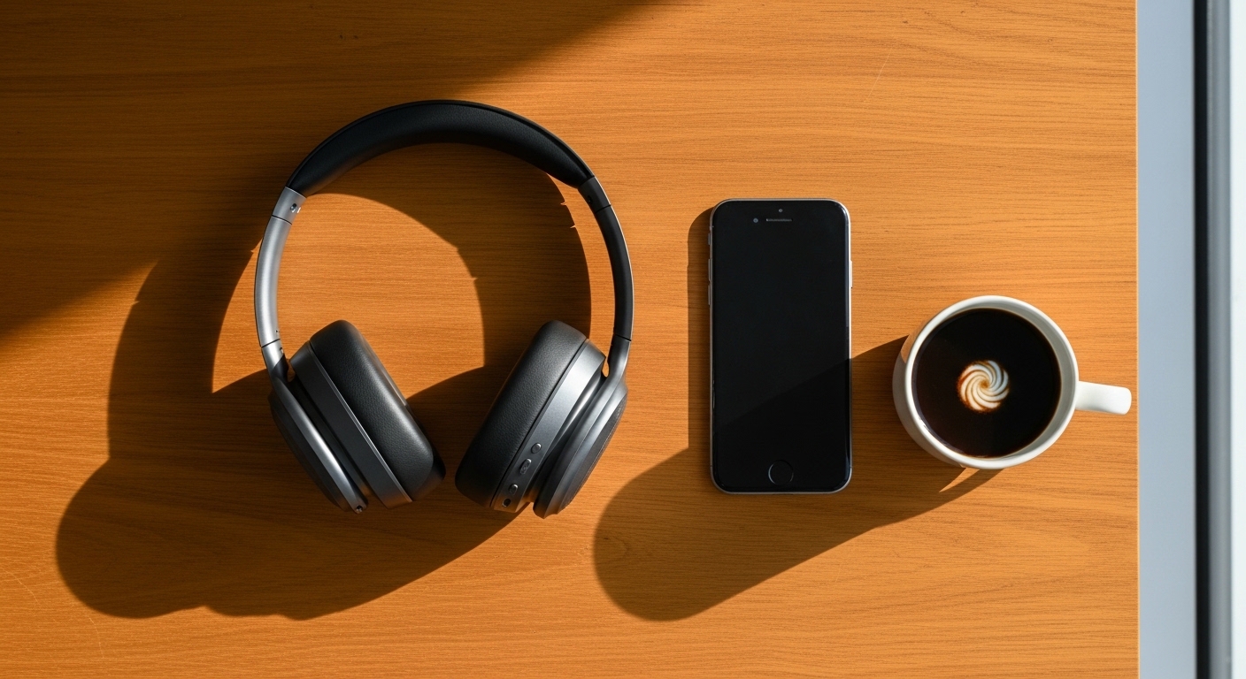 Headphone ANC di atas meja kayu dengan kopi