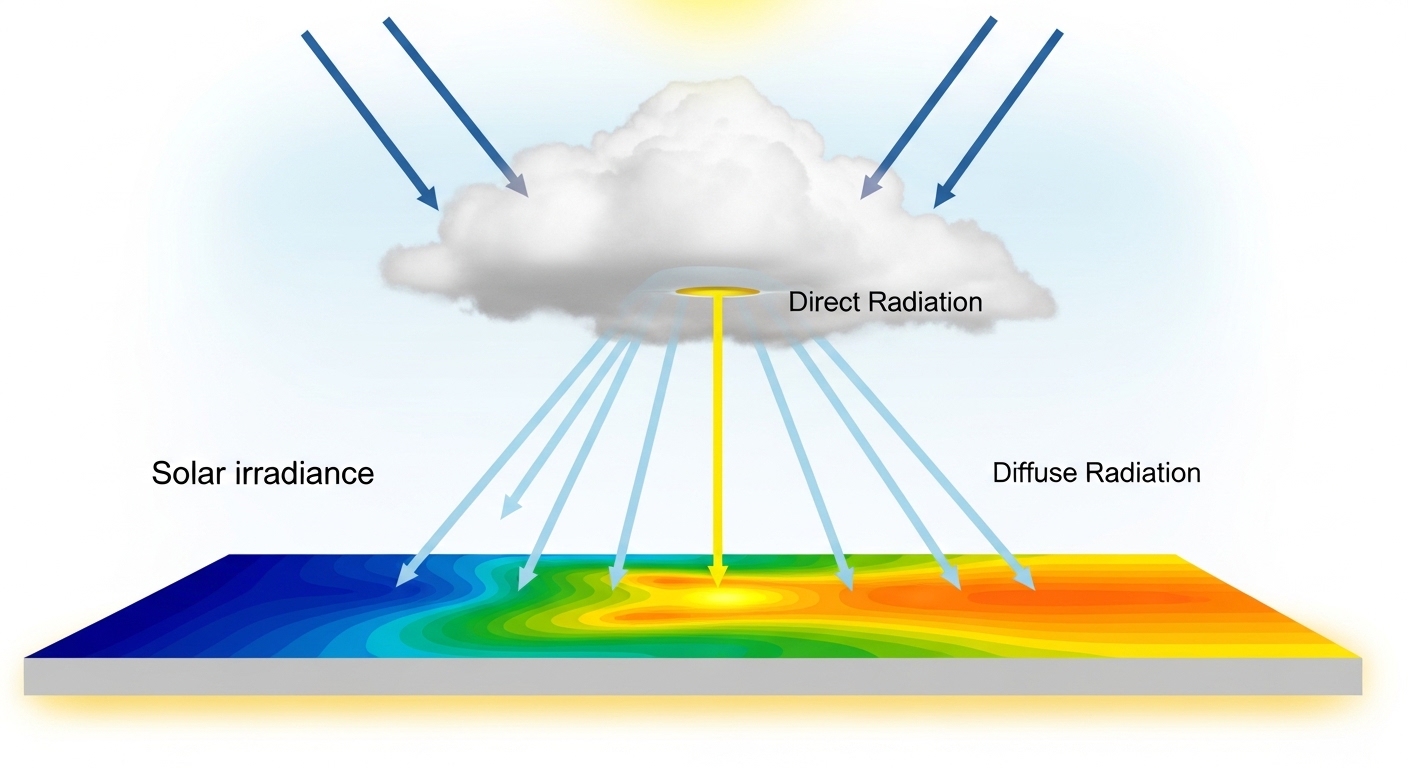 Diagrama de radiación solar directa y difusa bajo nube
