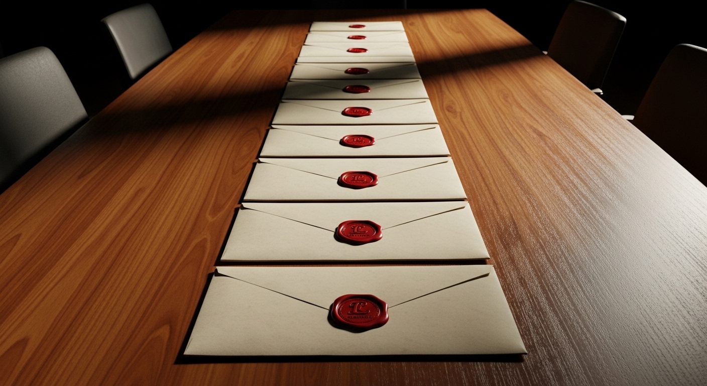 Sealed lottery envelopes arranged on conference table
