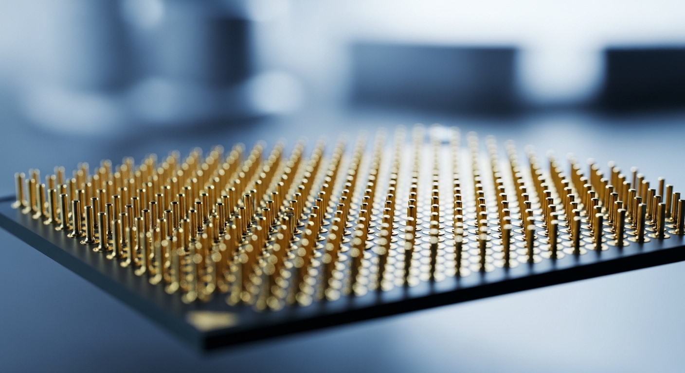 Close-up of CPU chip gold contact pins