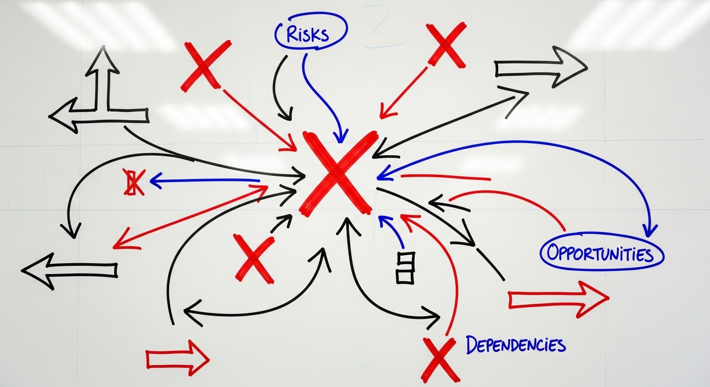 Whiteboard diagram showing conflicting strategic directions