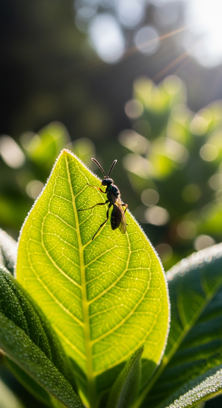 葉の上に止まる寄生バチと植物の化学防衛