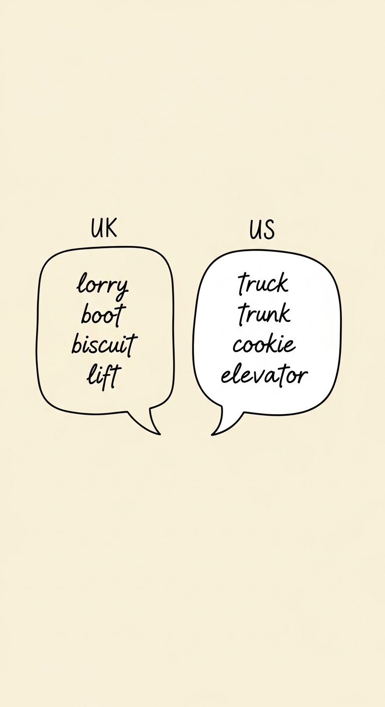 British vs American English word comparison speech bubbles