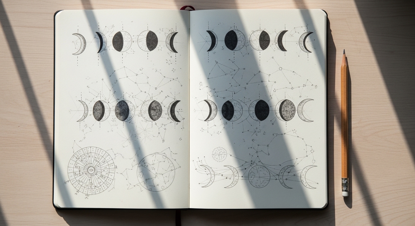 Catatan kalender bulan dengan sketsa fase bulan