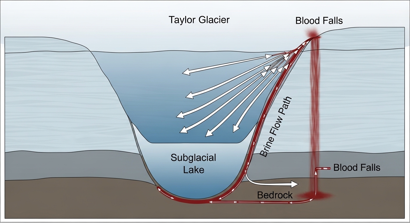 Cross-section diagram of Taylor Glacier subglacial lake system
