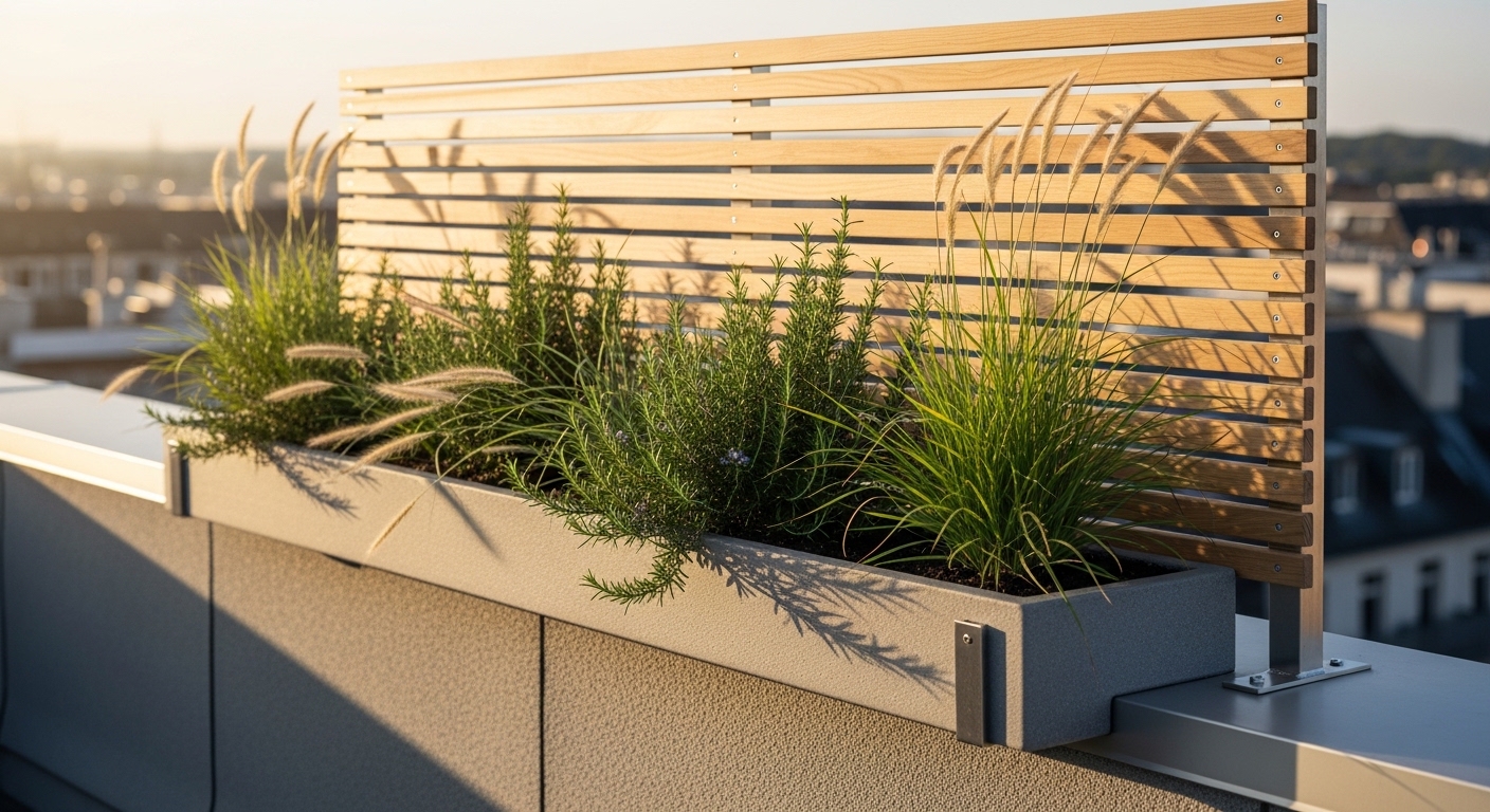 Slatted timber windbreak with rosemary trough on urban rooftop