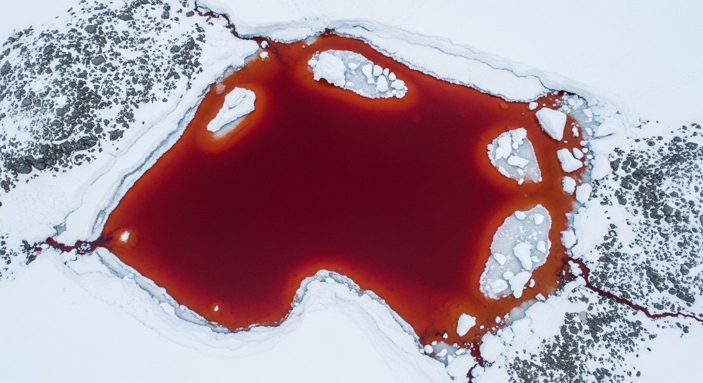 Overhead view of red iron-rich water pool in snow