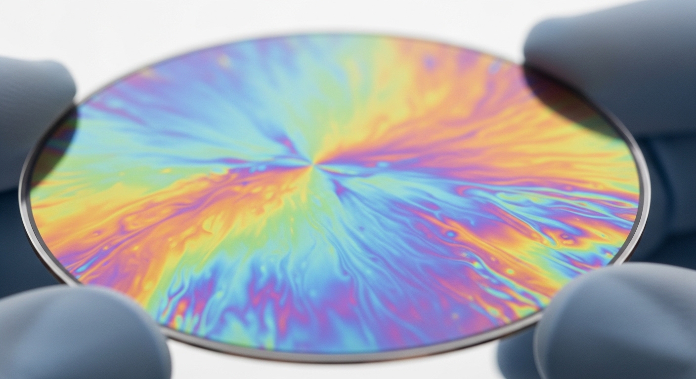 Polished silicon wafer reflecting colorful light