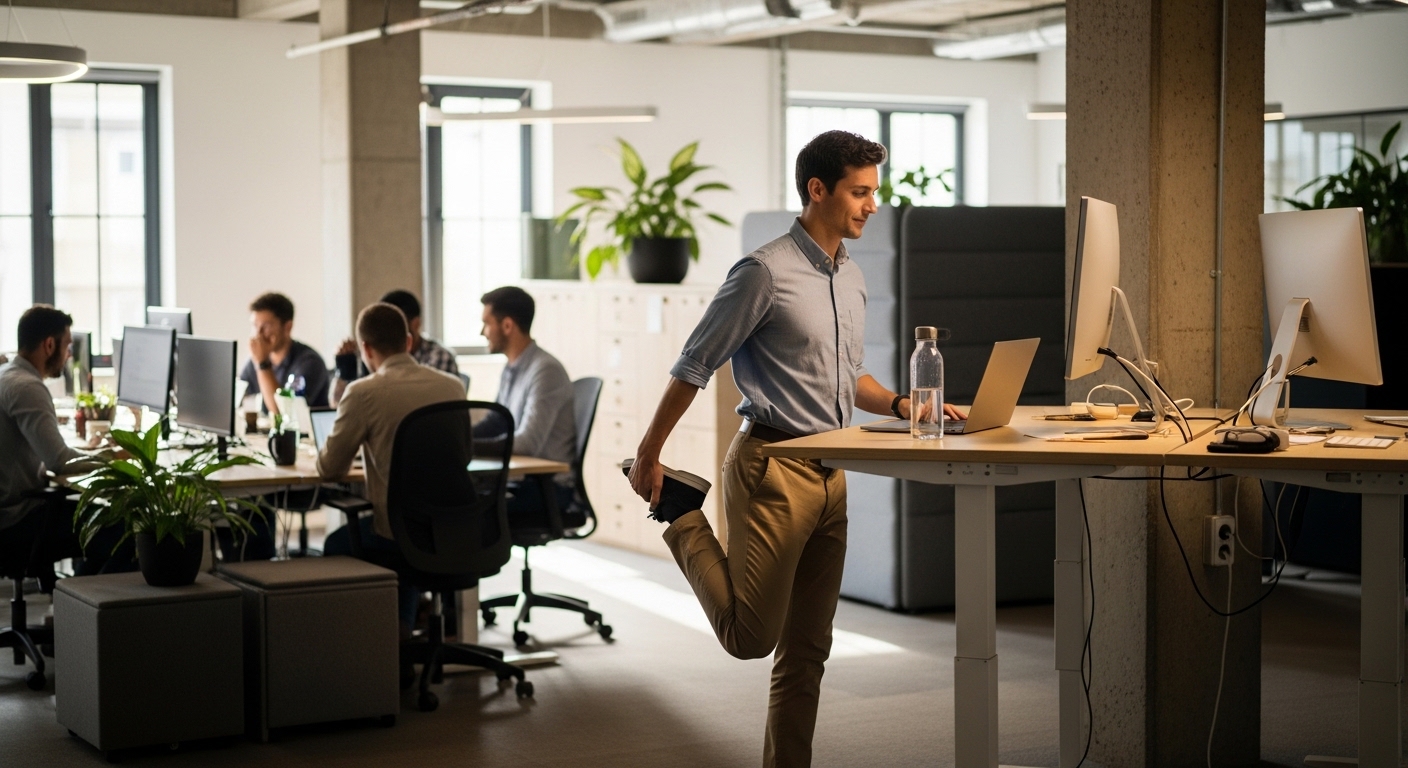 Office worker stretching at standing desk during workday
