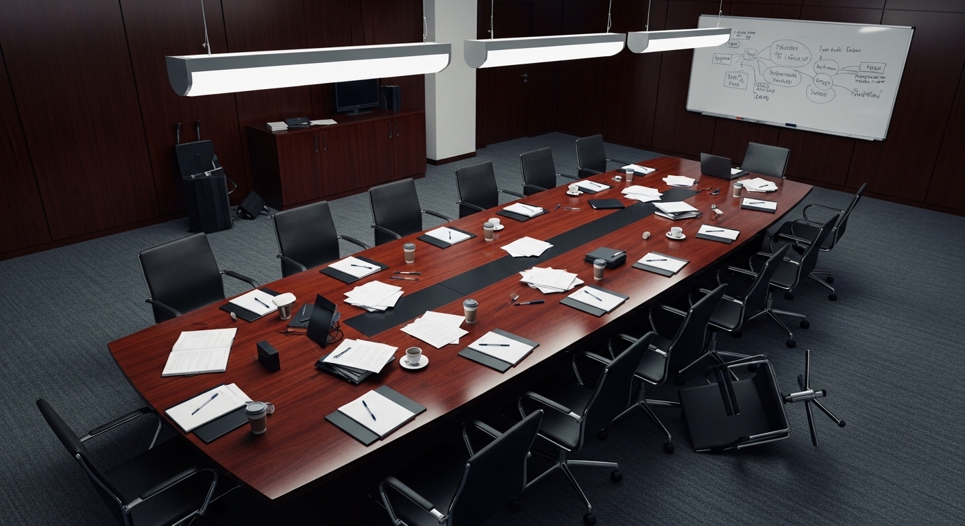 Empty corporate meeting room with scattered papers