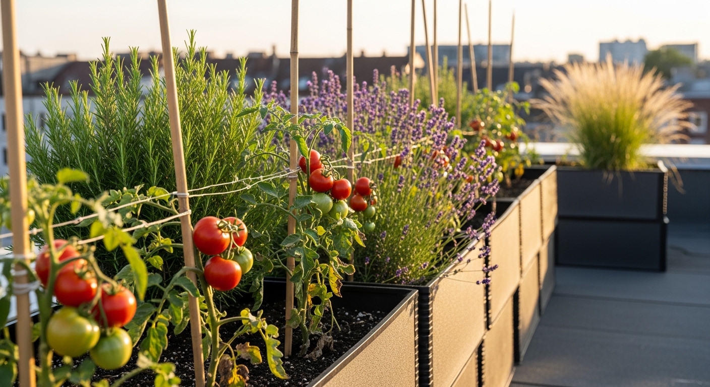 Rooftop raised bed with tomatoes, lavender, and ornamental grass in summer