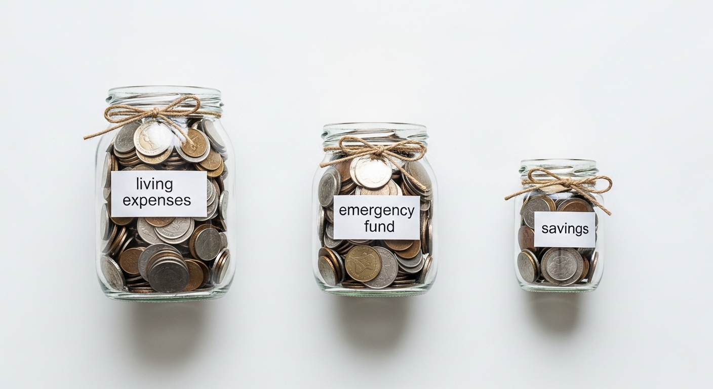 Three labeled savings jars showing budget categories