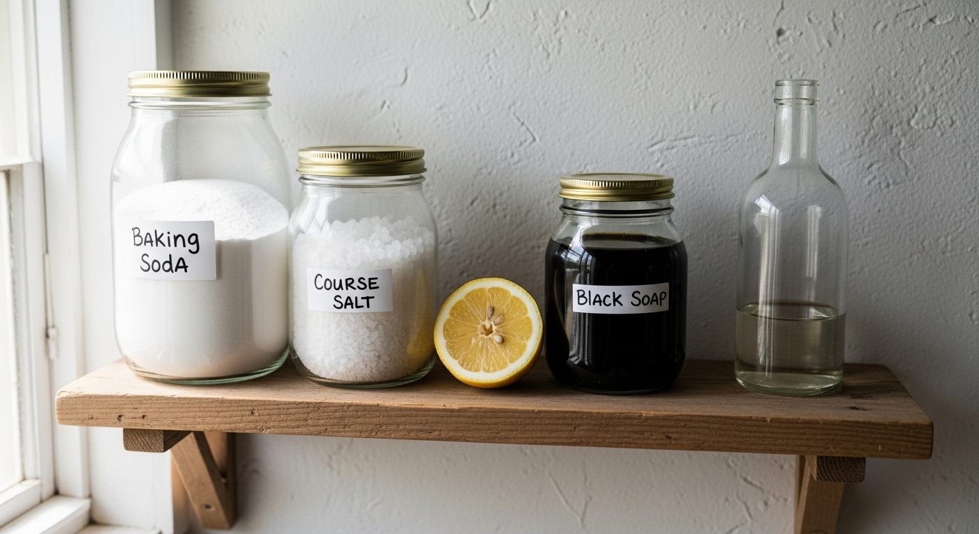 Natural cleaning ingredients on wooden kitchen shelf